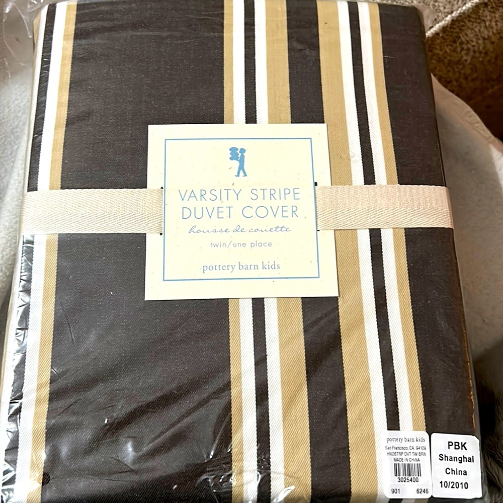 Pottery Barn Kids Varsity Stripe Duvet Cover Twin NEW Brown Tan Cotton Masculine